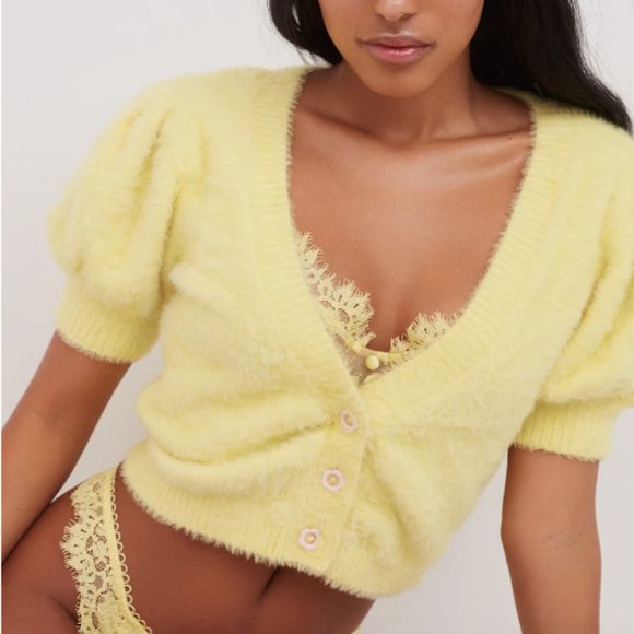 For Love & lemons Devon Cropped Furry Cardigan Sweater Yellow Mohair L Large NWT